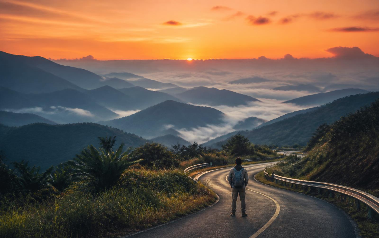 A traveler stands on a mountain road overlooking a valley of clouds at sunrise